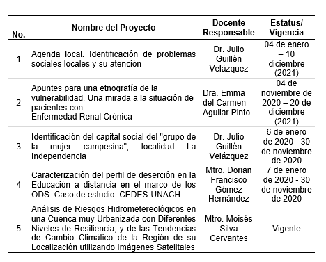 <strong>Tabla 4.</strong> Proyectos de Investigación Vigentes